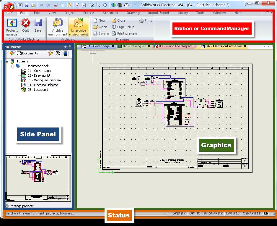 The User Interface The SOLIDWORKS Electrical user interface is divided up into four main sections. The Side Panel provides access to project documents as well as components, macros and symbols.