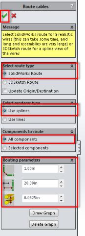 Routing Cables: After inserting components into your SOLIDWORKS assembly, the associated cable and wire routes can be created.