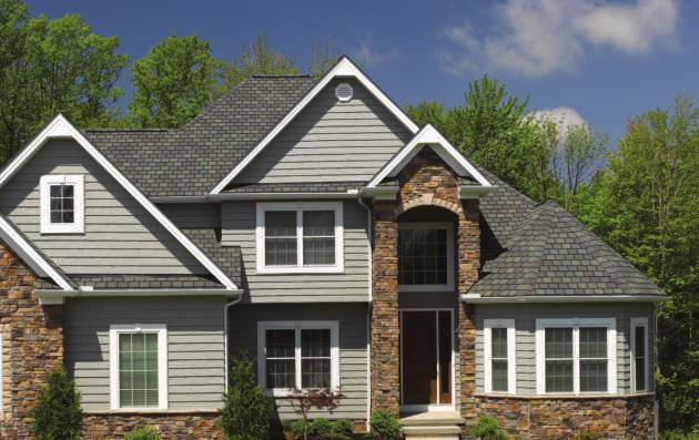 DESIGNER SHINGLES Roof - Highland Slate, shown in Fieldstone Siding - Cedar Impressions Double 7 " Perfection Shingles, shown in Seagrass COLOR AVAILABILITY HIGHLAND SLATE Black Granite Fieldstone