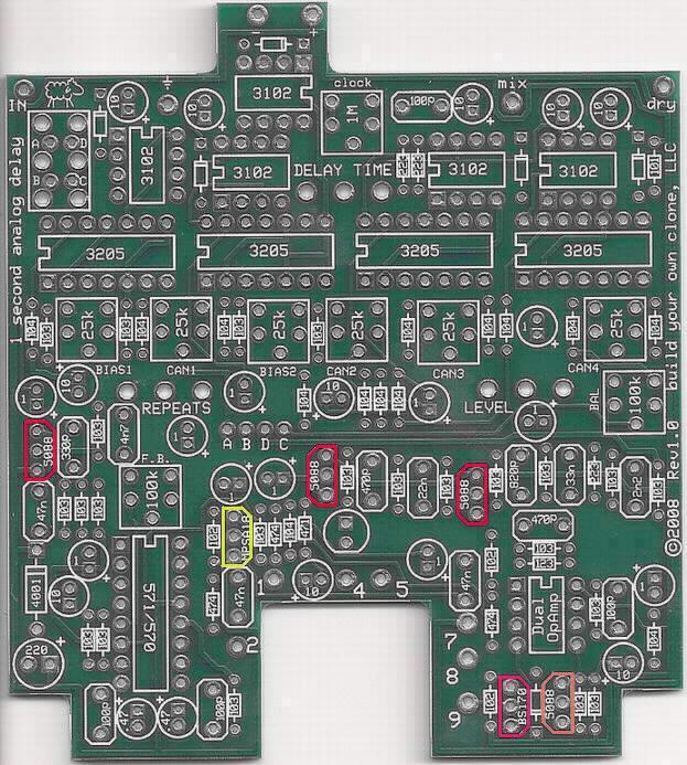 STEP 4: Add the transistors. Match the flat side of the transistor to the flat side of the layout on the PCB. One MPSA18 goes in the space highlighted in yellow.