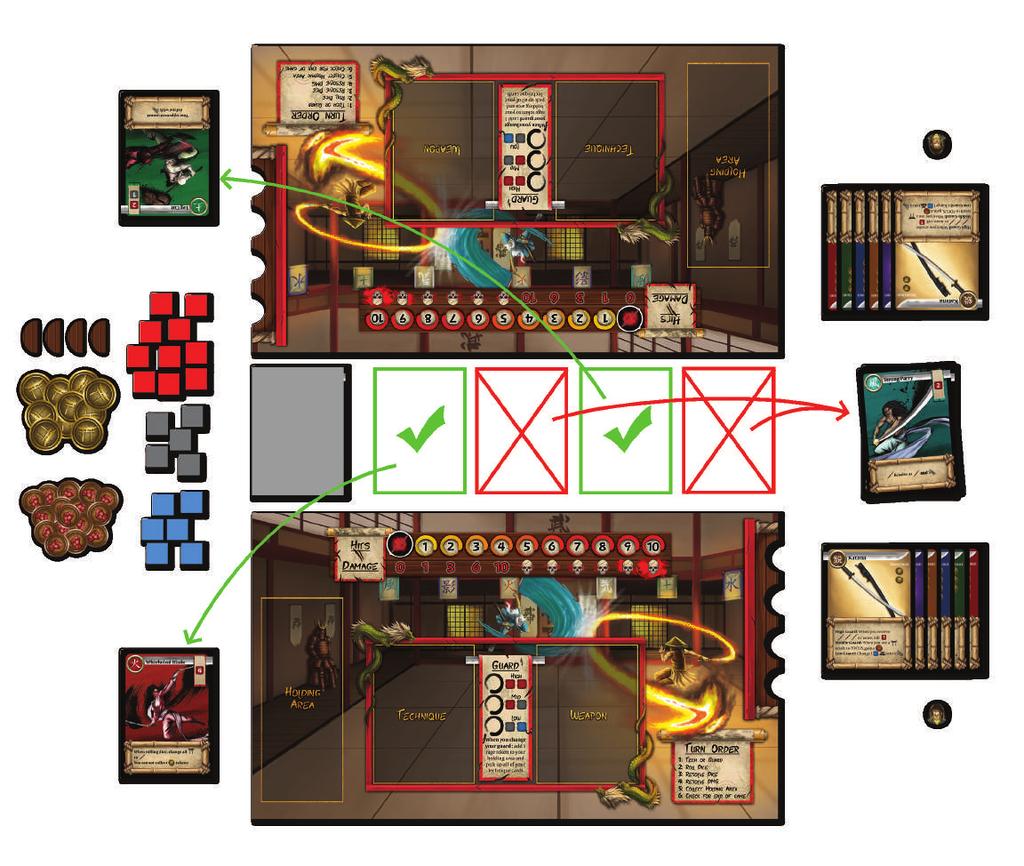 Gameplay: Each game of Bushido has 3 phases: Train, Arm, and Duel. A complete game of Bushido begins with Training, progresses to Arming, and then concludes with Dueling.