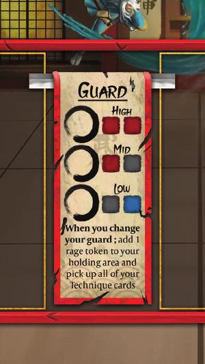 After both players have secretly chosen their weapons, Player 2 (the player who will attack first) selects which guard they will start in by placing their Guard Token on High, Middle, or Low Guard.