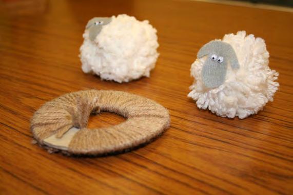 Pom pom sheep Materials required For each sheep cut two circular pieces of card with a smaller ring cut in the centre, large enough for a small ball of wool to be passed through.