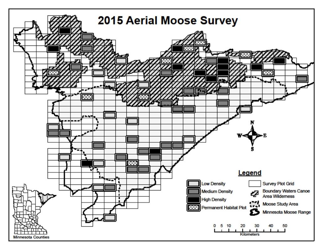 Figure 1. Moose survey area and 52 sample plots flown in the 2015 aerial moose survey. The study area for ongoing MNDNR moose research also is shown.