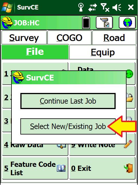 This section describes in detail how to setup a new SurvCE job. 1. Turn on the Data Collector, wait for it to boot. 2. Start SurvCE by clicking on Start: SurvCE 4.