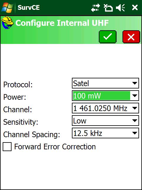14. The internal radio configuration is shown: 15. Click on the green check mark to return to the RTK tab: i80 pairs work great with the settings shown above.