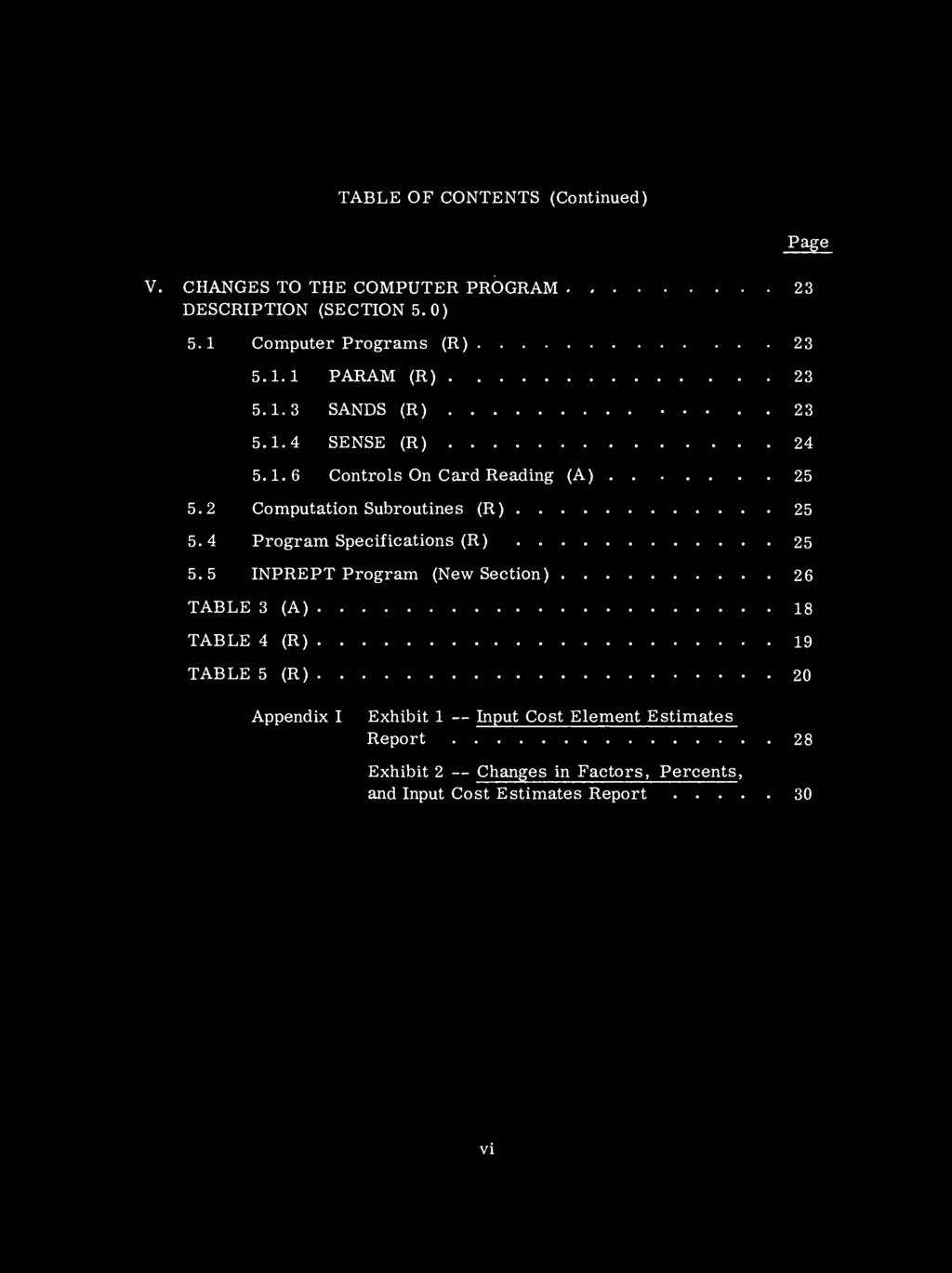 TABLE OF CONTENTS (Continued) V. CHANGES TO THE COMPUTER PROGRAM 23 DESCRIPTION (SECTION 5.0) 5.1 Computer Programs (R) 23 5.1.1 PARAM (R) 23 5.1.3 SANDS (R) 23 5.1.4 SENSE (R) 24 5.1.6 Controls On Card Reading (A) 25 5.