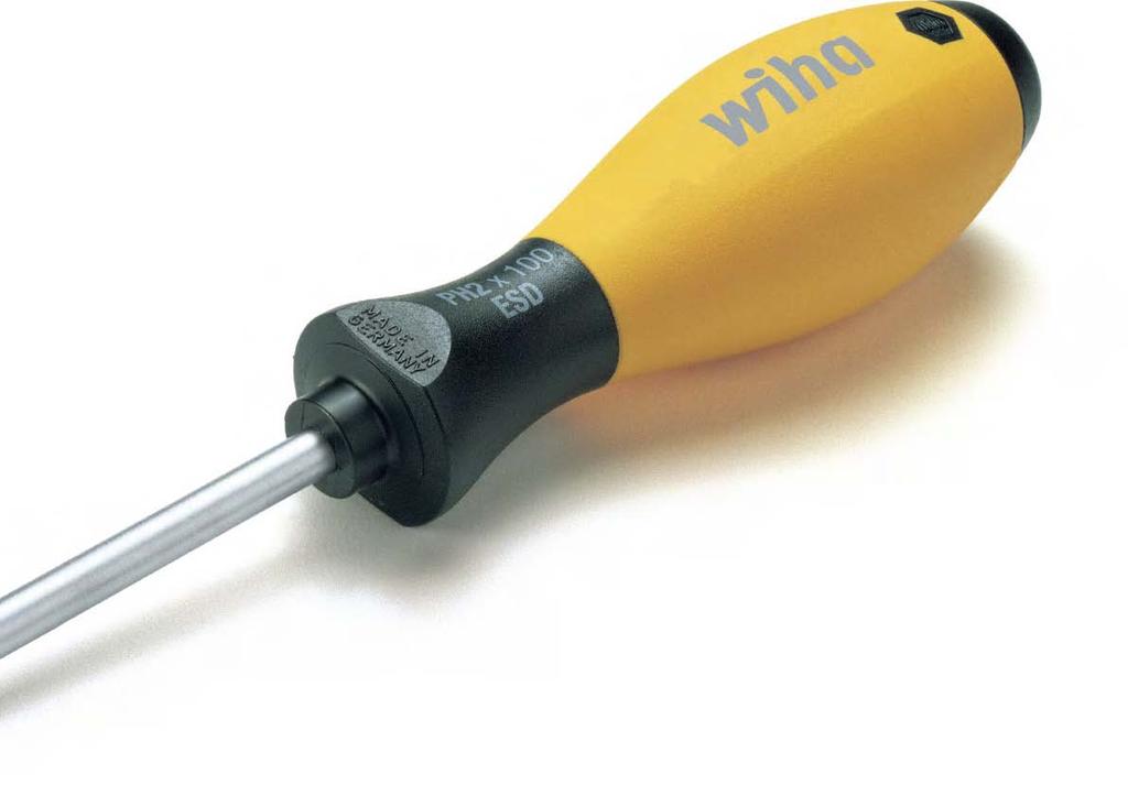 Wiha SoftFinish ESD. For use on electrostatically sensitive components. For slotted, Phillips and Pozidriv screws. For slotted, Phillips and Pozidriv screws. Wiha SoftFinish ESD screwdrivers have a surface resistance of 10 6-10 9 ohms.