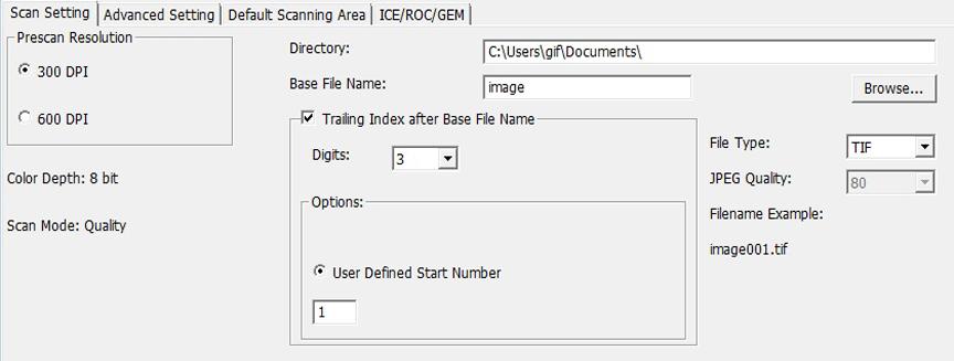 User Defined Start Number: Enter a specific start number 5. Choose the file type, TIF or JPG.