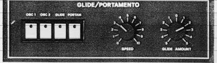 1. Oscillator 1 and 2 Assign Buttons. These route the glide or portamento which has been set up to one or other of the oscillators. 2. Glide Select Button. Routes the amount set on Knob 5.