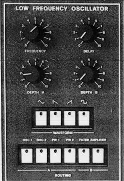 LOW FREQUENCY OSCILLATOR l. Frequency Knob. De~th Knobs. waveform Select Buttons (Triangle, Rising and Falling Ramp, Square Wave). Delay Control Knob.