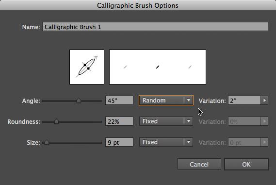 CALLIGRAPHIC BRUSH SETTINGS Angle: An angle of 0º produces a stroke that is thin when drawn horizontally and thick when drawn vertically; an angle of 90º produces the opposite result Roundness: Lower