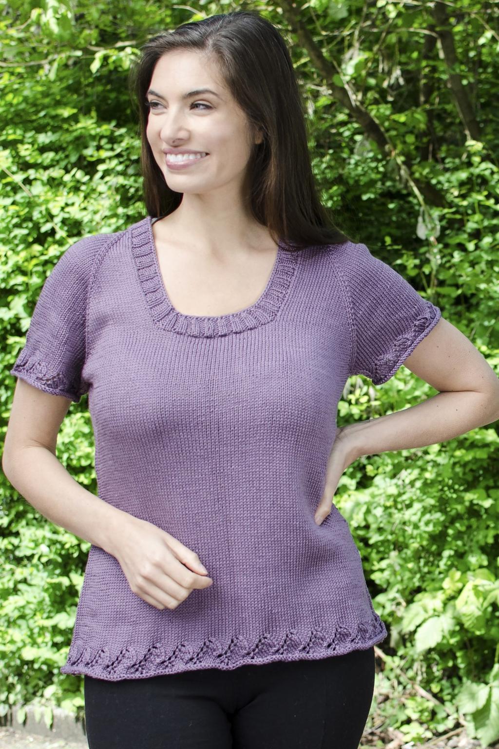 Ultra Pima Fine Jasmine Tee Designed By Tamara Moots Skill Level: Sizes: Materials: Gauge: 24 sts x 26 rows = 4 in Stockinette st with larger needles Easy/Intermediate XS (S, M, L, 1X, 2X, 3X) Chest: