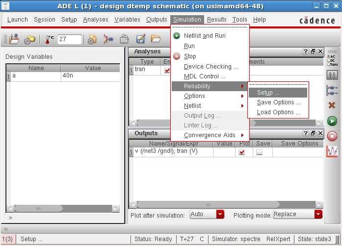 Reliability Simulation Setting in ADE Open reliability setting dialog box