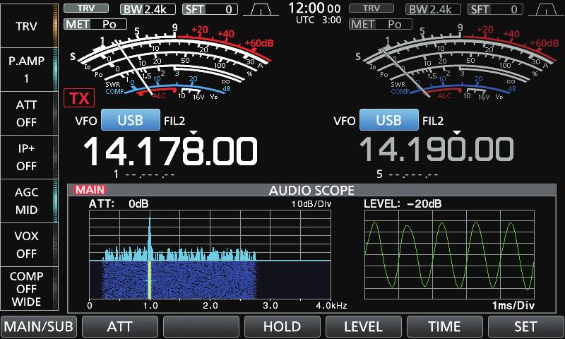 The FFT scope also has a waterfall display. DDUsing the Audio scope Display the AUDIO SCOPE screen. MENU» AUDIO Example: Displaying the Mini scope screen while the ANTENNA screen is displayed.