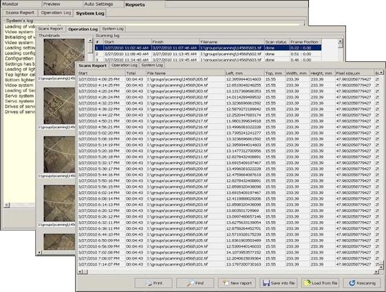 Operational Software: Log Reports: List of captured images with all scan
