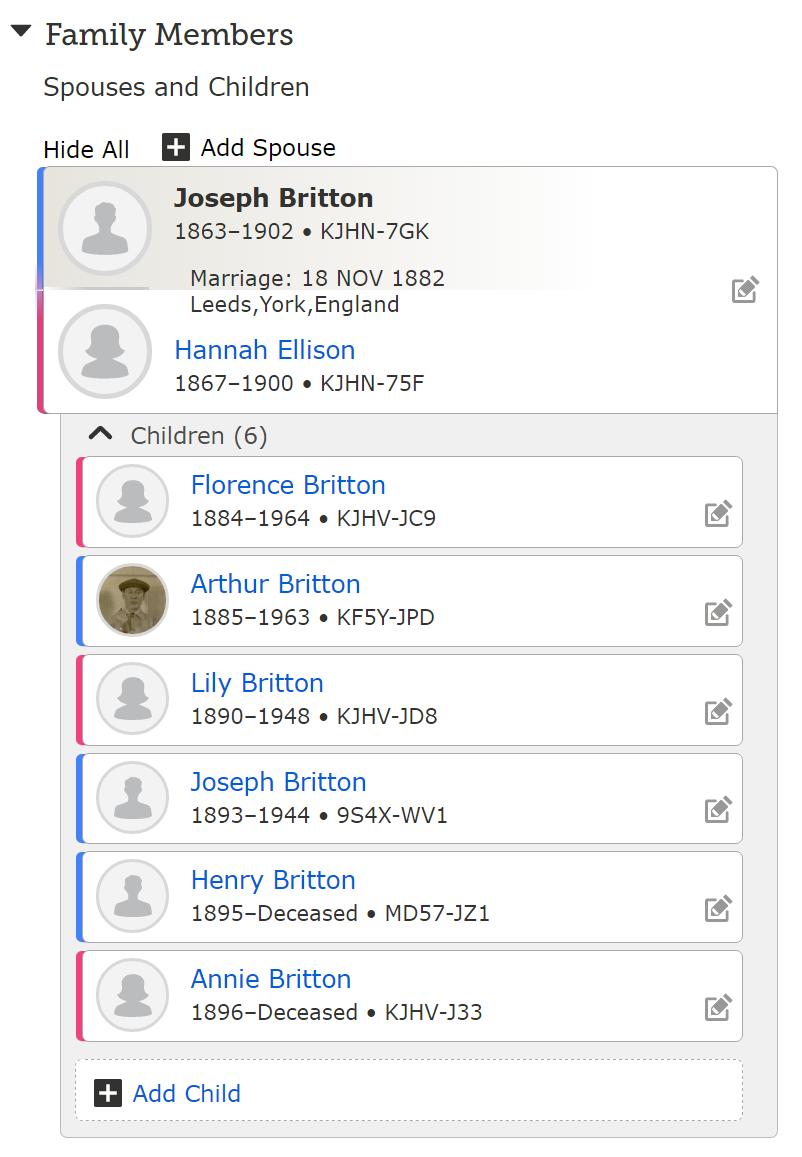 The children were born at intervals of one to three years. On this basis there is an unexplained five year gap between Arthur Britton born in 1885 and Lily Britton born in 1890.