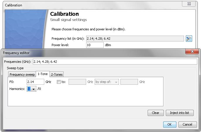 Next dialog is to setup the power level to perform 2-ports vector calibration and the frequency.