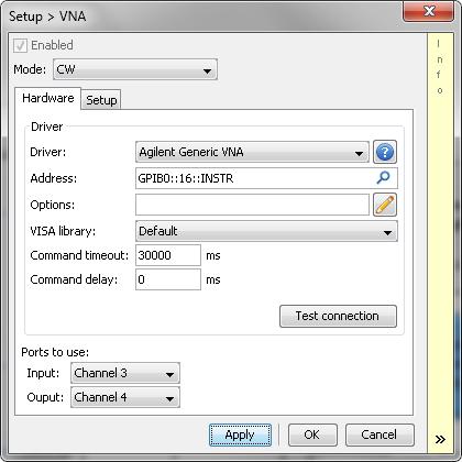 1.1 VNA setup Click on the VNA icon and setting up parameters for the VNA. Click on Test connection button and check for the connection.