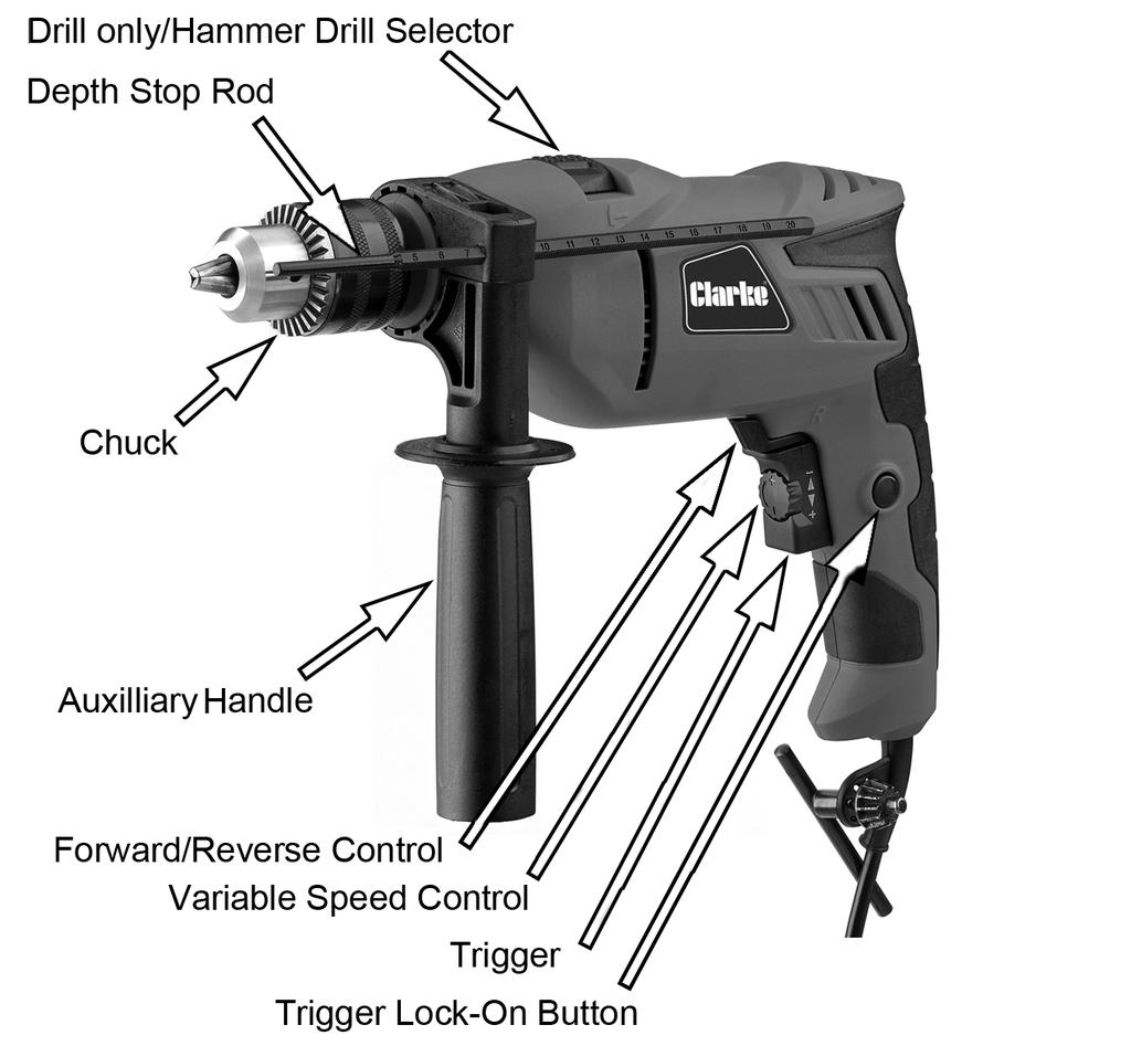 OVERVIEW The CLARKE CHD850B is a variable-speed hammer drill designed for DIY use. It is equipped with a variable speed control and hammer operation.
