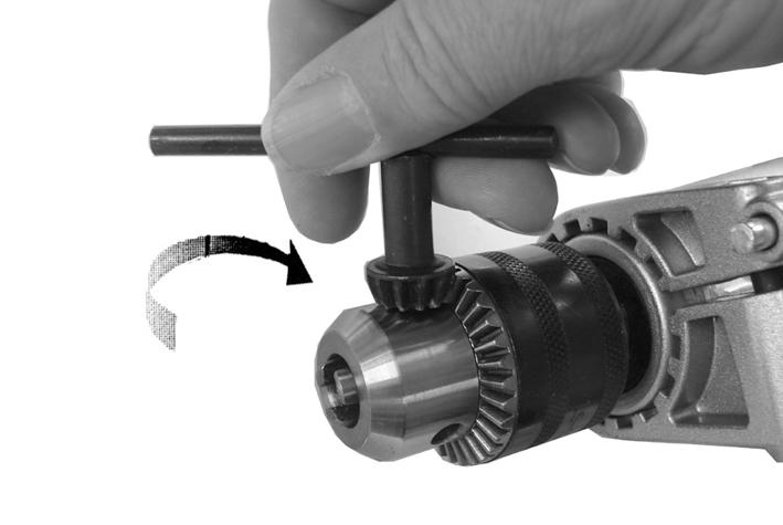 Open the chuck by rotating the chuck sleeve anticlockwise until the jaws are open sufficiently to take the drill bit. 2. Place the drill bit in the jaws of the chuck as far as it will go. 3.