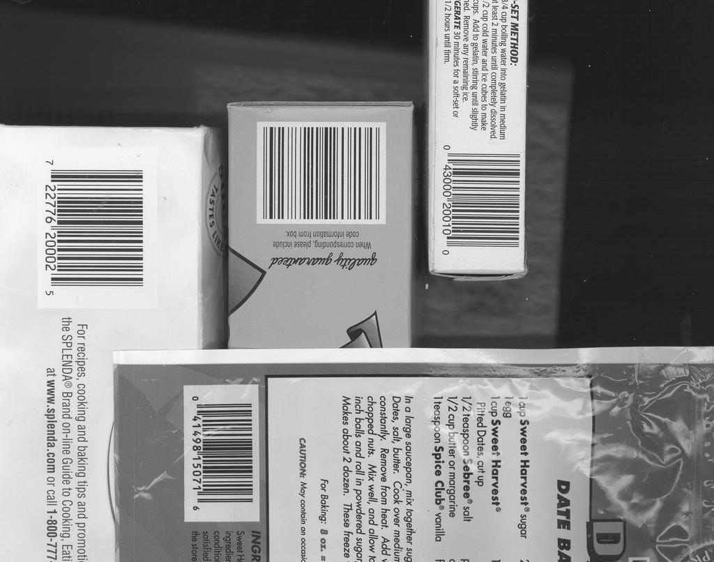 module. This worked well with all but the zero-suppressed UPC barcode being read correctly. Shown in Figure 3 and Figure 4 are the two images containing multiple UPC barcodes. 0 1 1 1 1 0 Fig. 3. 0 1 1 1 1 0 2 Test image #1 for finding barcodes.