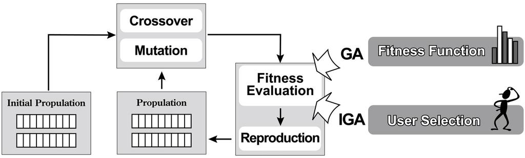 Figure 1: GA and IGA process (Re-draw from (Kim and Cho, 2000)). The basic algorithm of an IGA is as follows: (1) The computer generates some individuals as the initial population.