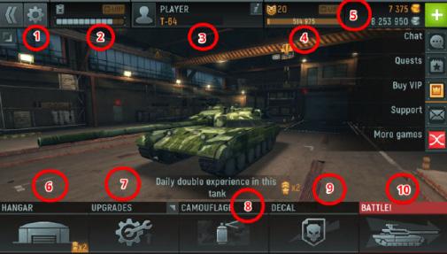 Main menu 1. Settings 2. Fuel (necessary for going into battle) 3. Player Information 4.