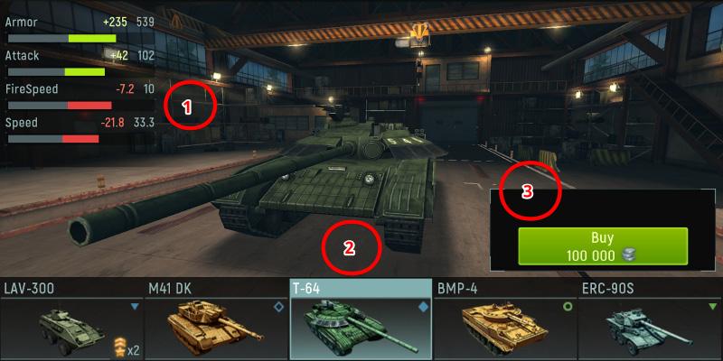 Hangar 1. Characteristics of the tank 2. Tanks for purchase 3. Button for buying a tank The game implemented different types of technology, which differ in performance.
