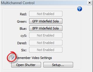 Settings for Fluorescence 1. The Multichannel Control panel displays the channels configured earlier. Optional : Click the Setup button to review the channel's settings. a.
