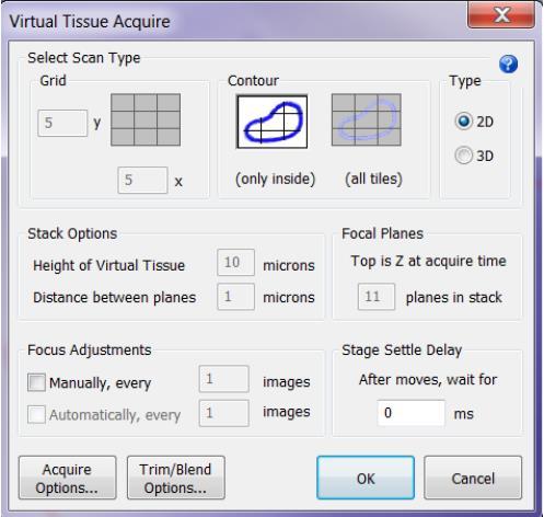 STEP 5: ACQUISITION SETTINGS Adjust the settings for the acquisition of the image tiles that will constitute the virtual slide. Prerequisites Live image mode is on. Reference point is placed.