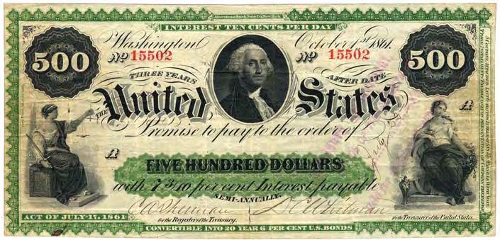Red serial numbers. 207b. 50 Dollar Note. Large eagle.issued October 1, 1861. Blue serial numbers. 208. 100 Dollar Note. Head of General Winfield Scott. Issued August 19,1861. DESIGN 53 208a.
