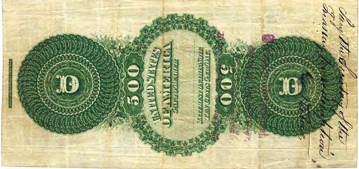 500 Dollar Note. Head of George Washington. Issued October 1, 1861. Blue serial numbers. (Note 210) Bust of Salmon P. Chase.