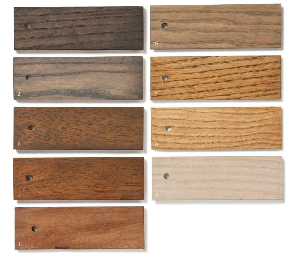 Timber sample 1. Ash timber, dark grey oil 2. Ash timber, mid grey oil 3. Iroko timber, walnut stain 4.