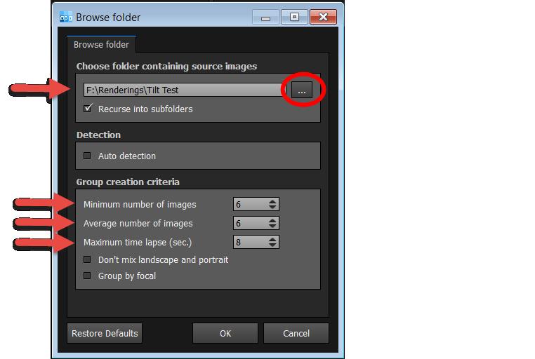 In the Group creation criteria section, set the following: Minimum number of images 6 Average number of images 6 Maximum time lapse (sec.