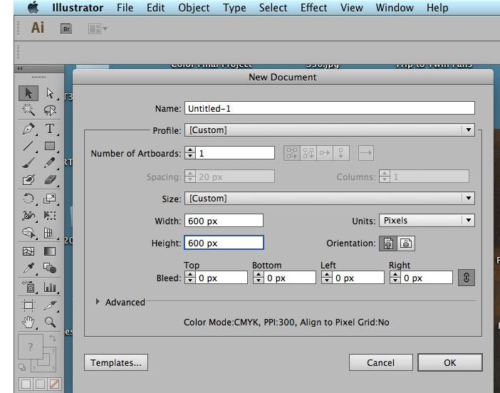 Open Illustrator CS6, choose FILE > NEW, and select custom and 600 x 600 pixels for each composition. If the panel won t allow you to select custom then select Pixels first.