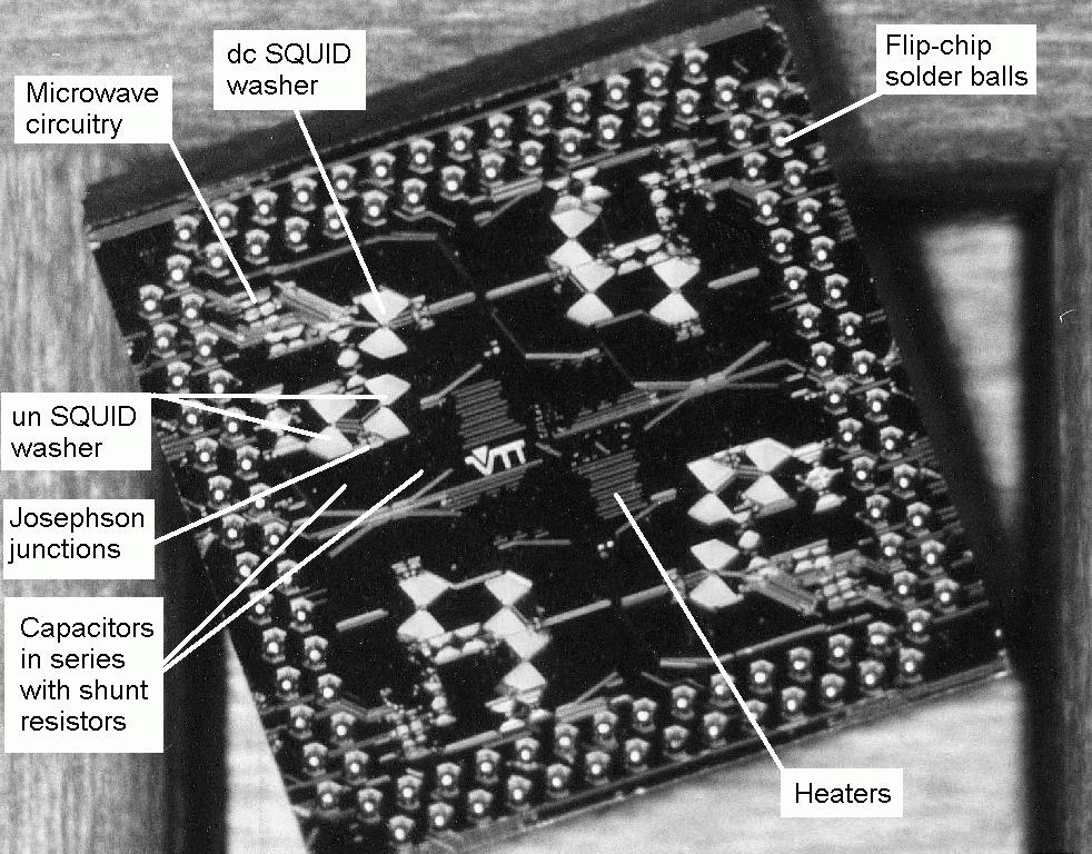 Figure 1: The 4-channel SQUID chip, each channel consisting of a un SQUID and a dc SQUID for readout. redundant un/dc SQUID pair.