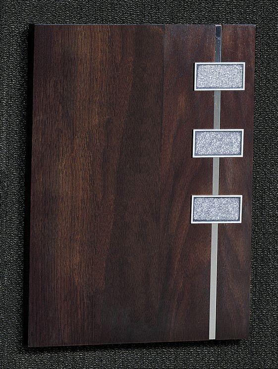 8"x0" Pilaster Style Walnut Panel Award Plaque 8"x0", Pilaster, Walnut Wood Panel, Easel Back, Side Steel Stripe, -/2 Lb.