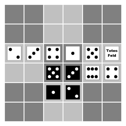 In the third row already a 1, 2, 3, 4 and a 5 exist. In the right middle block a 6 already exists. Hence on the last remaining field in the third row no number piece can be placed any more.