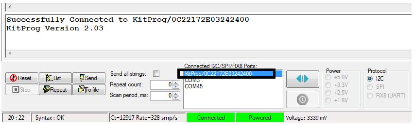 Notice that the bridge (the PSoC 5LP on the CY8CKIT-042 board) is listed in the Connected Ports window when you connect the PSoC 4 Pioneer Kit to your PC, as shown in Figure 30.