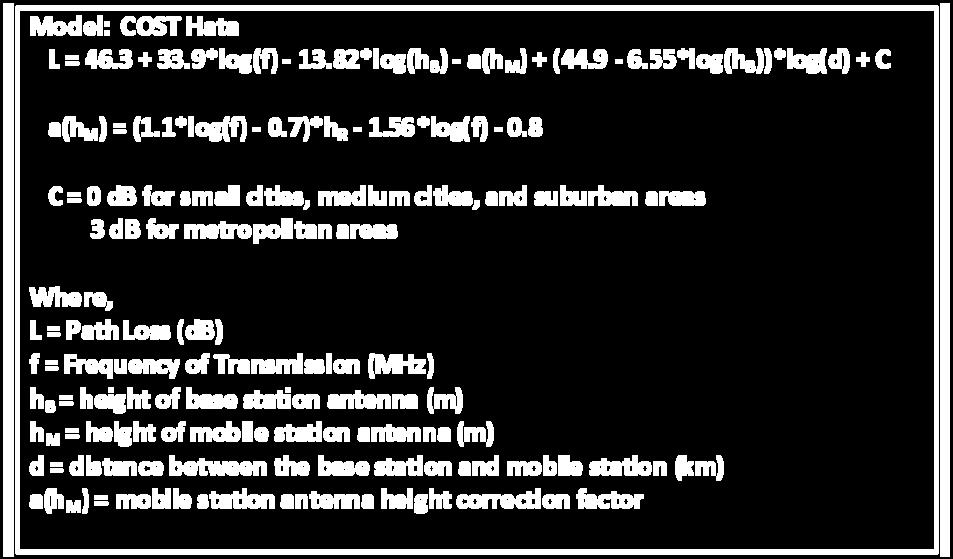 COST (Extended) Hata Model 45 The COST Hata model shown in Figure 11 uses the same mobile station antenna height correction factor as all the other three Hata models,