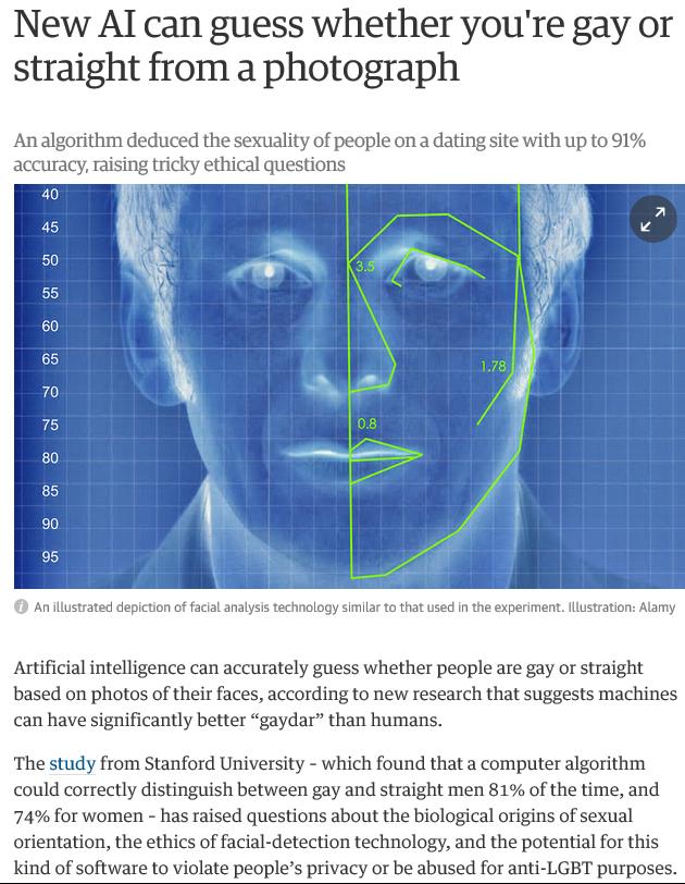 Facial recognition the upper lip curvature is on average 23.4% larger for criminals than for noncriminals.