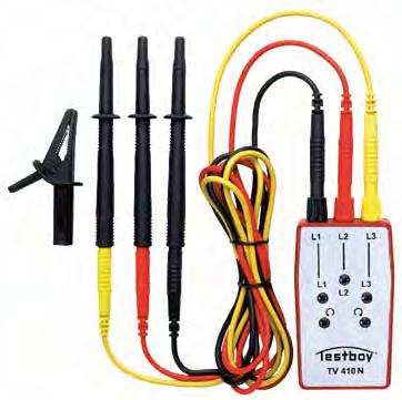 Testboy TV 410N Rotating field tester Using five glow lamps, the rotary field tester, Testboy TV 410N, indicates the presence of all three phases and, through their sequence, determines the correct