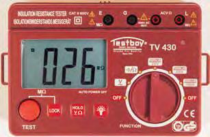 Checking with DC voltage Three selectable test voltages Continuity tester and AC voltmeter Testboy TV 430N LCD with 3 1/2 Digits Insulation resistance 0.25 200 MΩ ±3 %, ±3 Digits.