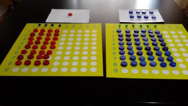 38 hundred red caps are set as 4 lines until 4th pin level to the first board. In this situation 2 red caps which can not line remain. These 2 red caps are converted into 2x10=20 blue ten caps.