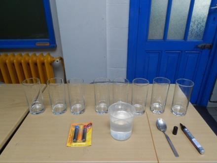 GAME VISUALS As in the figure 8 glasses are sorted on a table.