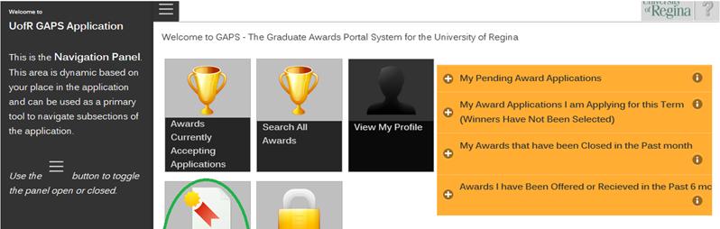 Once you have viewed the awards and have determined which ones you would like to apply for, click on the house icon at the top left hand