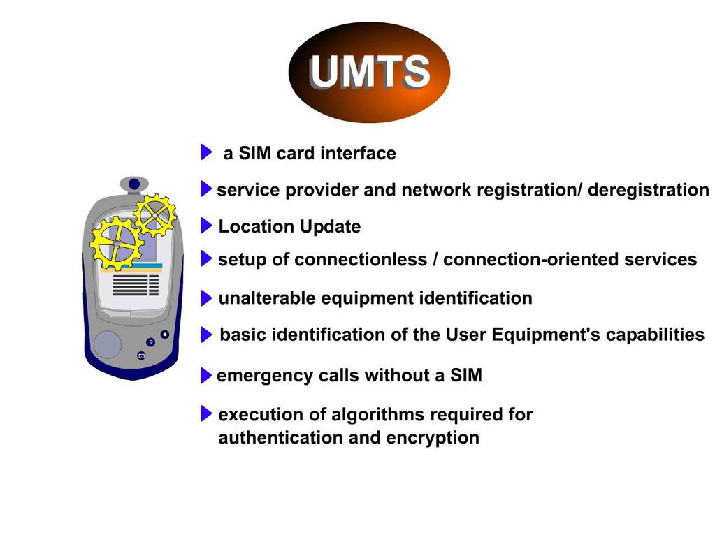 3.2 Properties & Functions (1/3) The User Equipments' functionality will not be limited by the UMTS standard. But the following functions will be required.