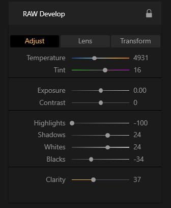 Adjust The Adjust tab contains the essential color and tone adjustments that should be made using the raw file. This sets the stage for all the adjustments that come after. Temperature.
