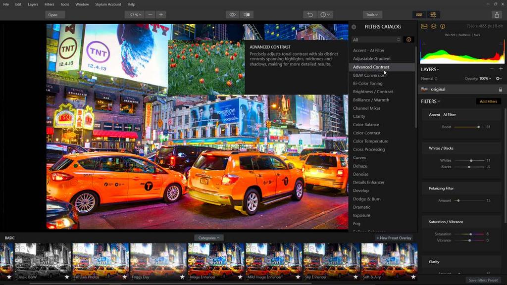 Using Filters Filters are how you can adjust the exposure, color, contrast, and style of your image in Luminar. The proper use of filters can significantly improve your image.